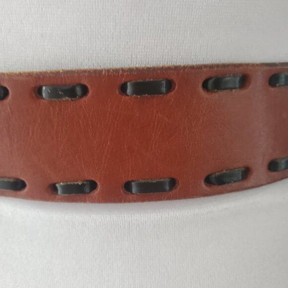 Vintage ASK Brown Leather Belt Black Contrast Stitch Silver Tone Buckle Unisex - Picture 5 of 10